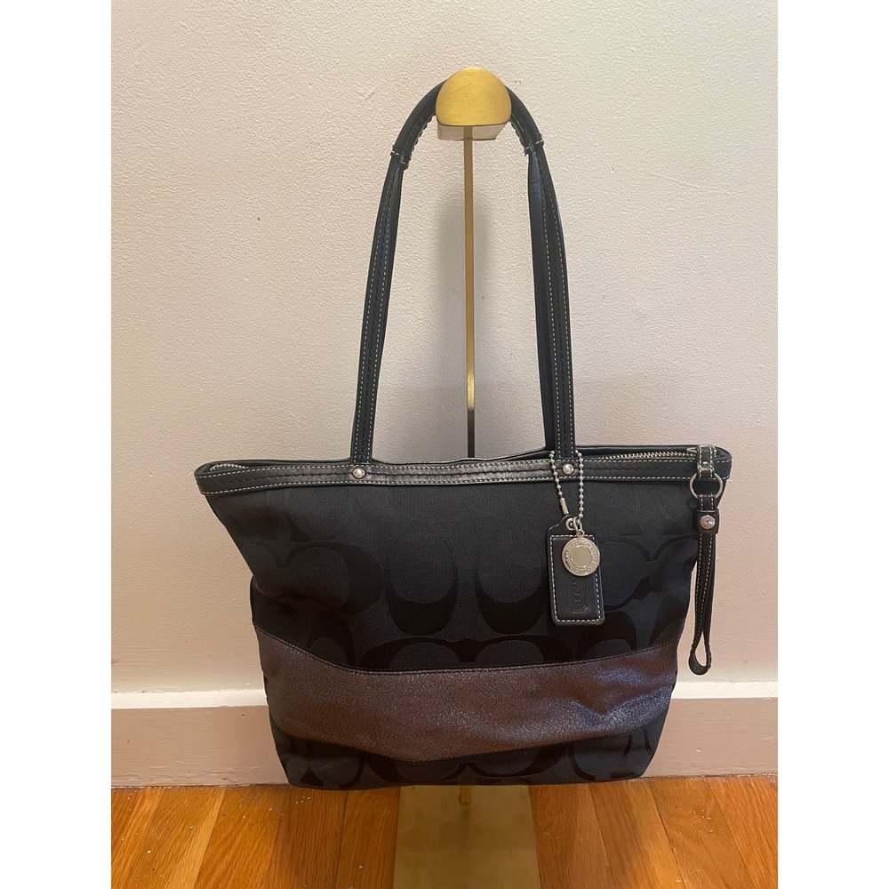 Coach Tote Signature Stripe Tote Black Jacquard Leather Metallic Bag F135488